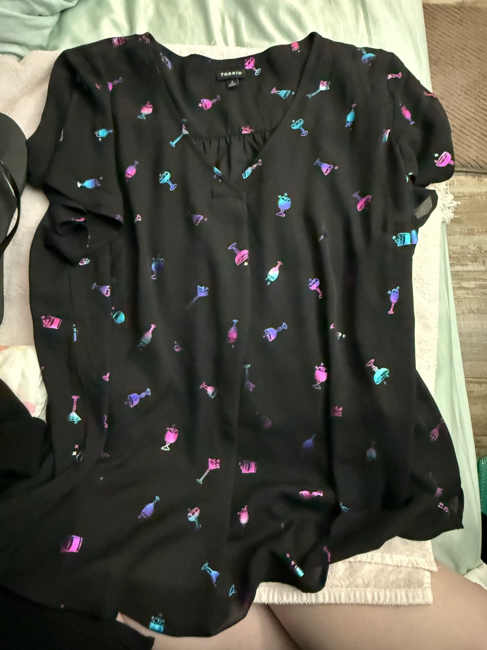 torrid Black Short-Sleeve Blouse with Pink & Teal Cocktail Motif